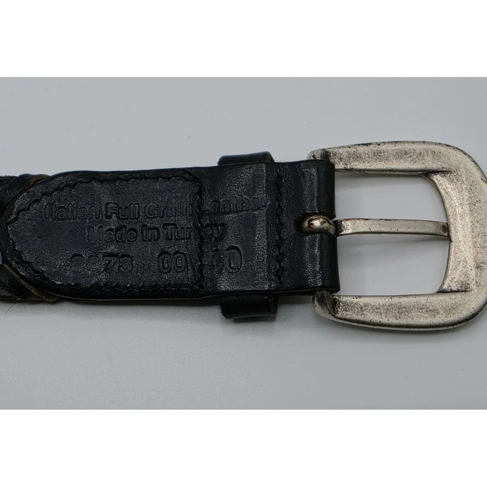 Italian Full Grain Leather Woven Belt Mens Black Interlocking Silver Buckle 47
